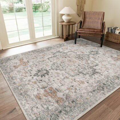 GENIMO 8′×10′ Machine-Washable Low-Pile Chenille Area Rug – Light Taupe