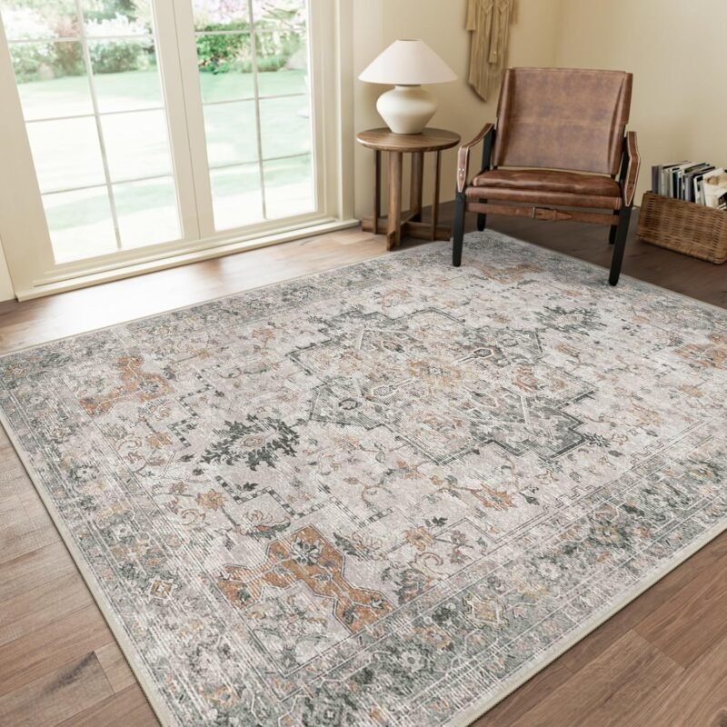 GENIMO 8′×10′ Machine-Washable Low-Pile Chenille Area Rug – Light Taupe