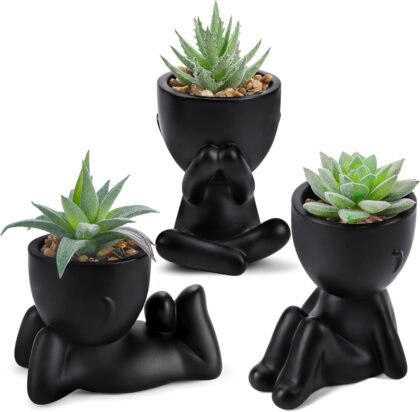Elegant Black Fake Succulent Trio in Human-Shaped Pots – 5.1″ Desktop Décor
