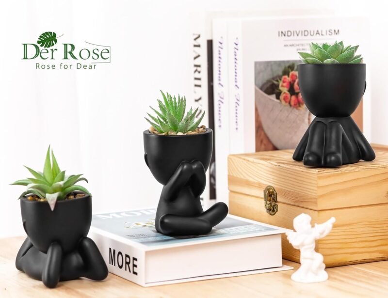 Elegant Black Fake Succulent Trio in Human-Shaped Pots – 5.1″ Desktop Décor - Image 2