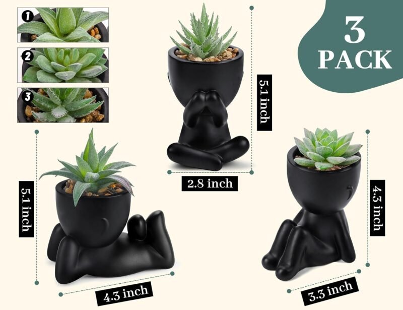 Elegant Black Fake Succulent Trio in Human-Shaped Pots – 5.1″ Desktop Décor - Image 3