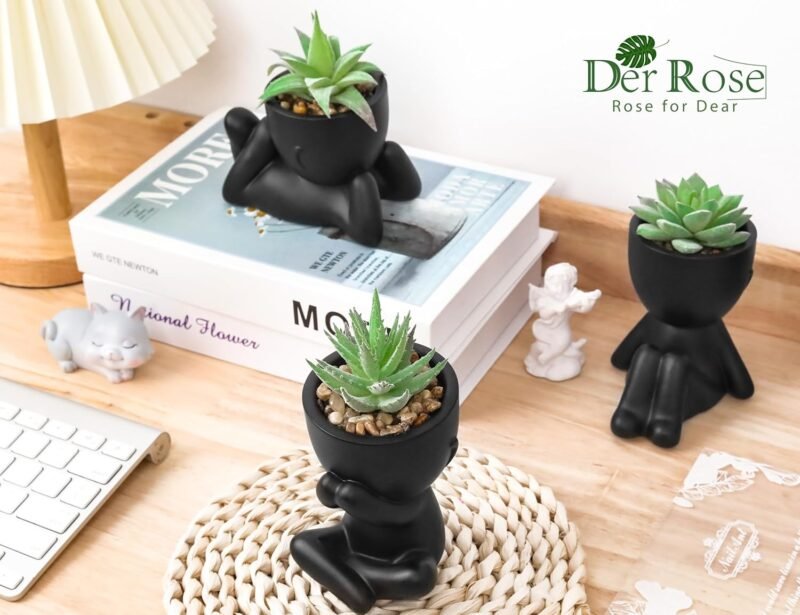 Elegant Black Fake Succulent Trio in Human-Shaped Pots – 5.1″ Desktop Décor - Image 4